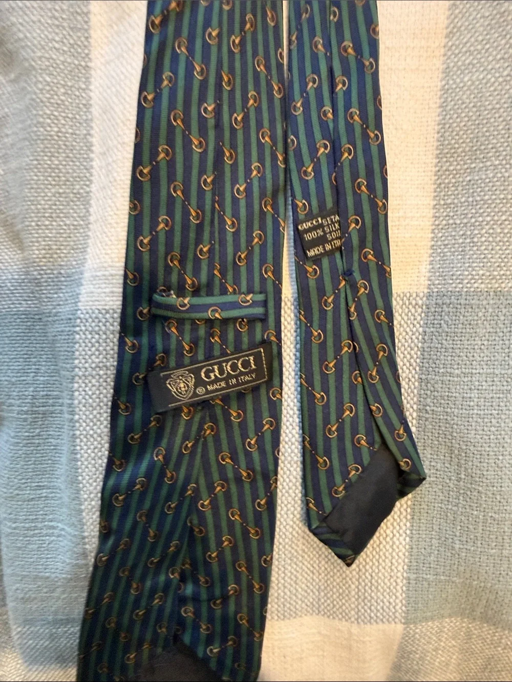 Gucci Green and Navy Striped Silk Tie with Gold Bit Motif
